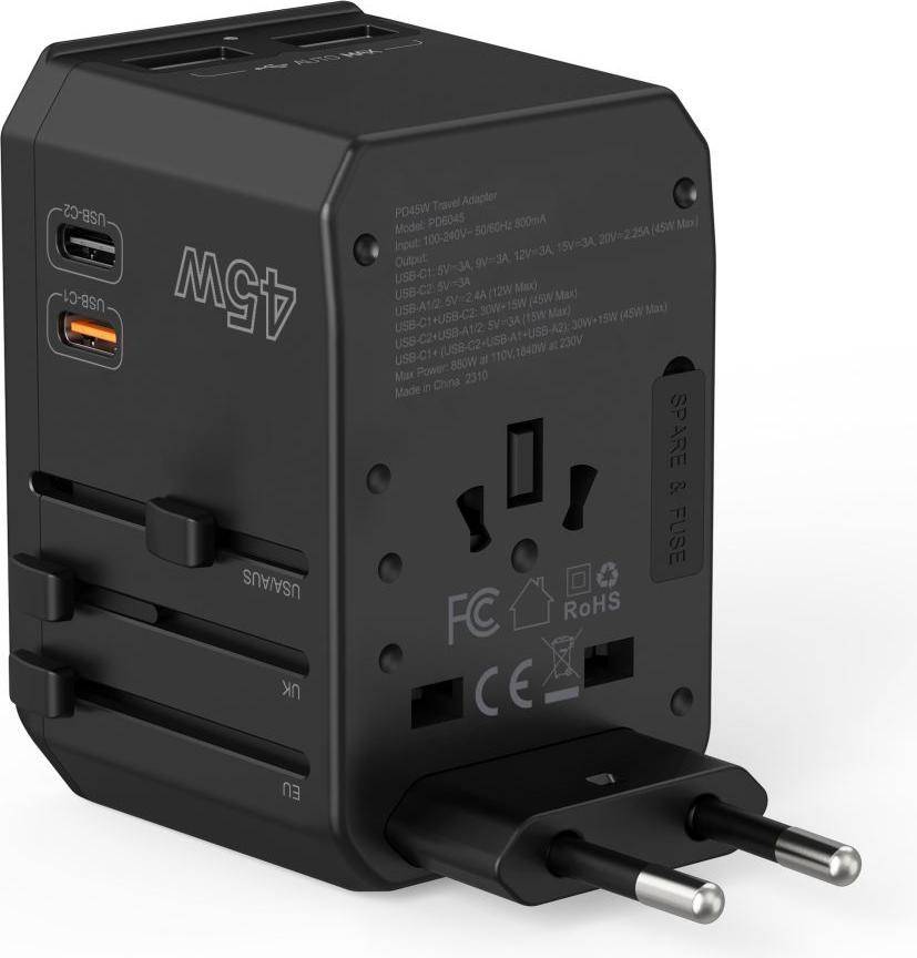 PD6045/Choetech Travel Charger with US EU UK AU Plugs-45 W, GaN Technology