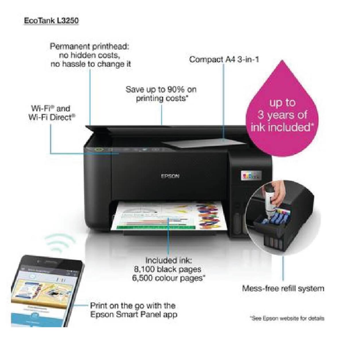 C11CJ67419 /Epson Printer A4 colour 3in1 printer with Wi-Fi  Black  L3251 INK-JET / PRINT,COPY,SCAN / 4800 DPI