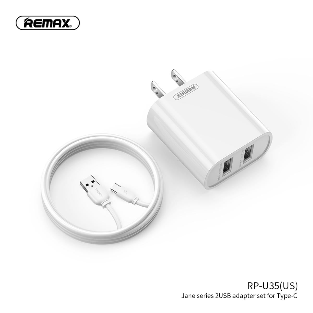 RP-U35a/REMAX JANE SERIES 2.1A DUAL USB CHARGER SET, HOME CHARGER 2USB + CABLE Type-C 1m Type-C / Black / N/A