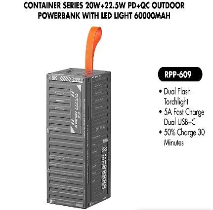 RPP-609/REMAX Container Series 20W+22.5W 60000Mah Outdoor High Capacity Power Bank With Led Light Fa