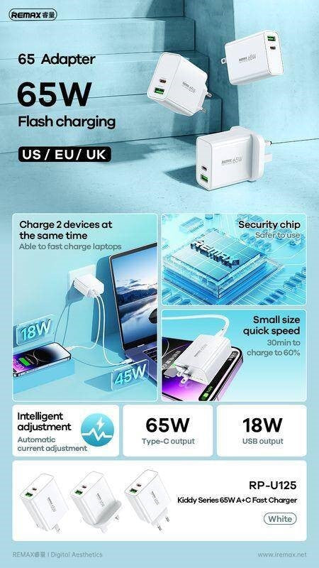 RP-U125/REMAX KIDDY SERIES A+C GaN 65W Fast Charging Type C PD 3.0 USB Charger Mobile Phone Portable