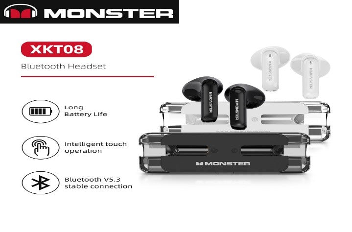 XKT08/MONSTER Gaming Earphone Ture Wireless Bluetooth 5.3 Headphones Low Latency Noise Gaming / Black / Bluetooth