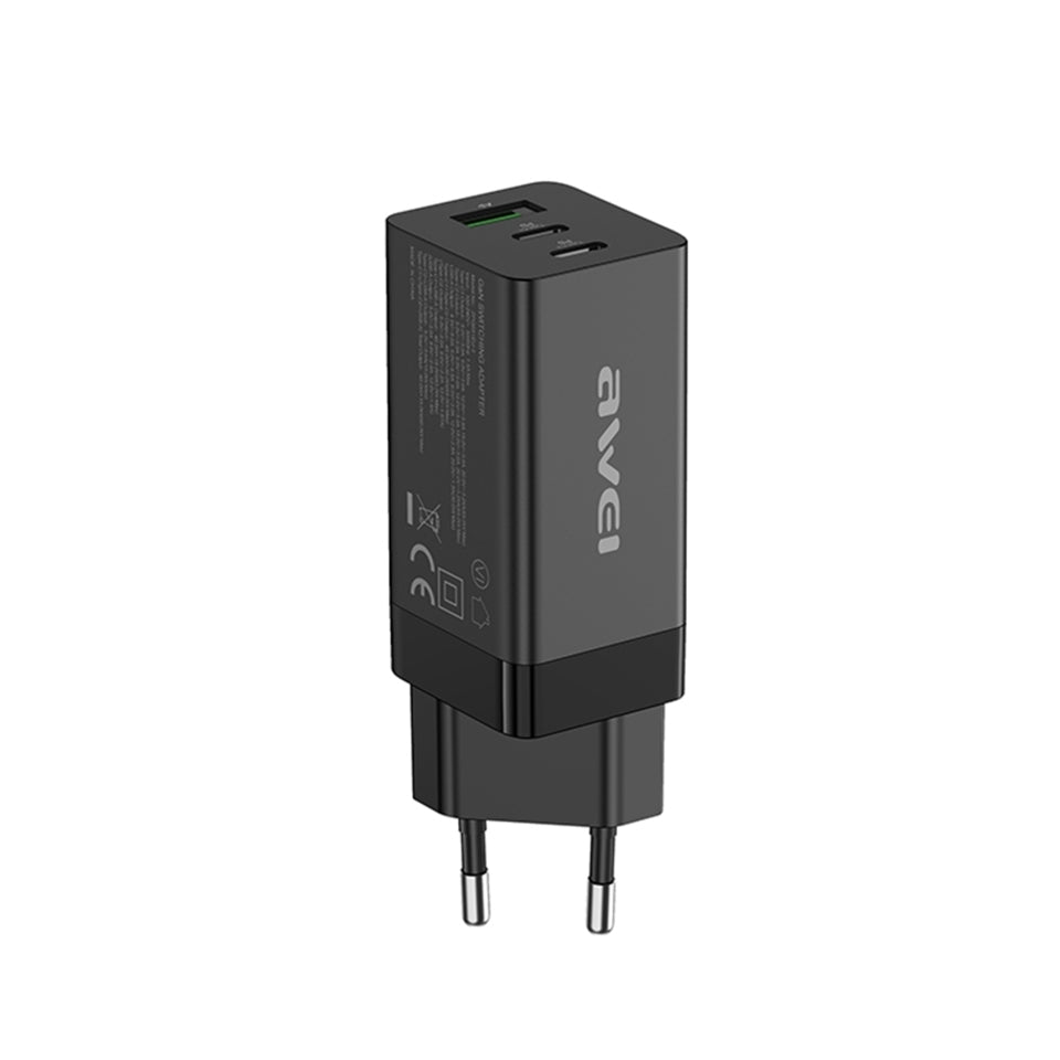 PD9 / Awei  65W Dual Type-C / USB-C + USB GaN Fast Charging Travel Charger, EU Plug(Black) 65 WATT