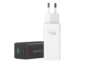 PD9 / Awei  65W Dual Type-C / USB-C + USB GaN Fast Charging Travel Charger, EU Plug(Black) 65 WATT