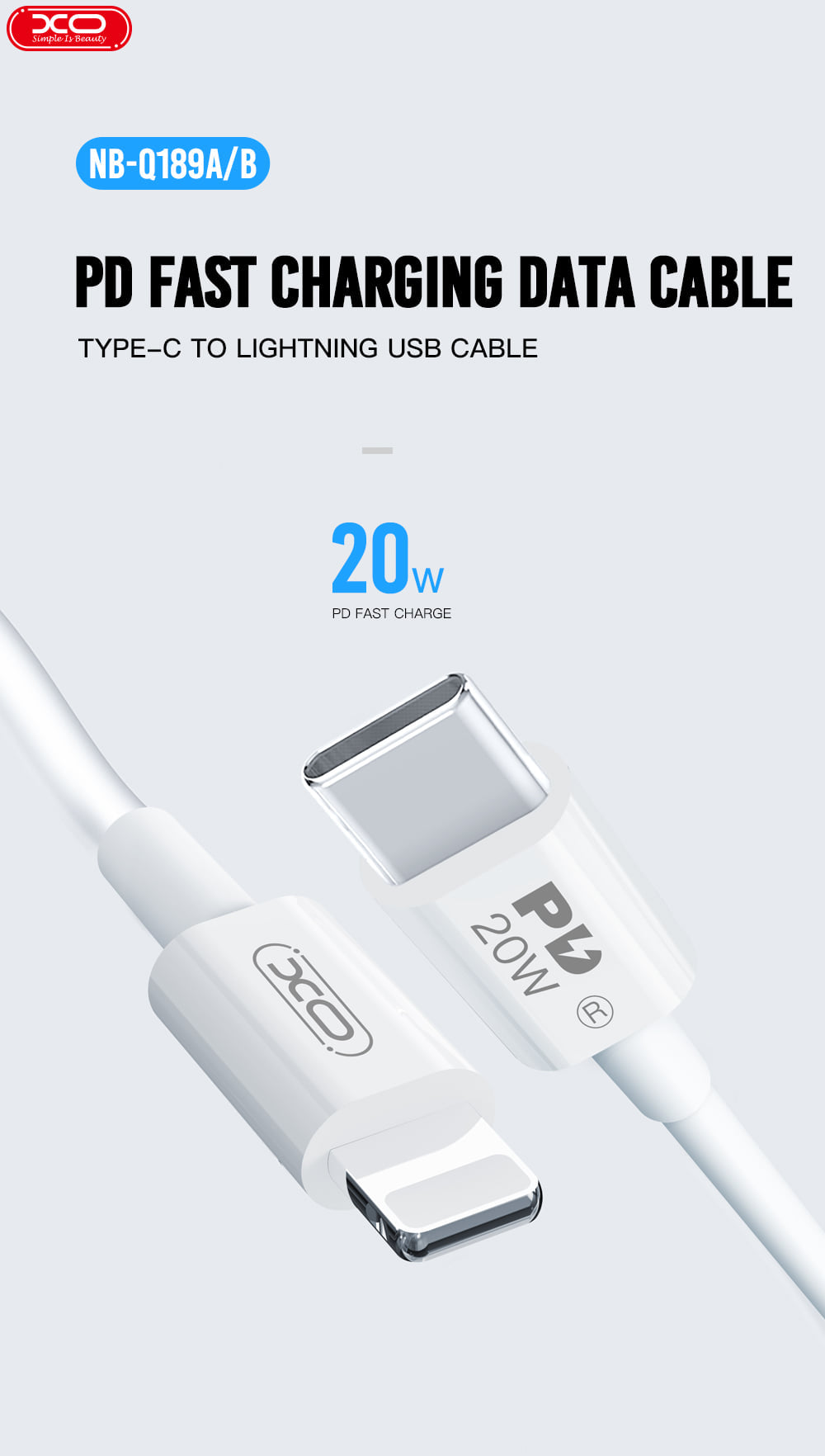 XO-NB-Q189a Type-C to lightning USB Cable-PD 20W /1000mm Type-C / Black / N/A