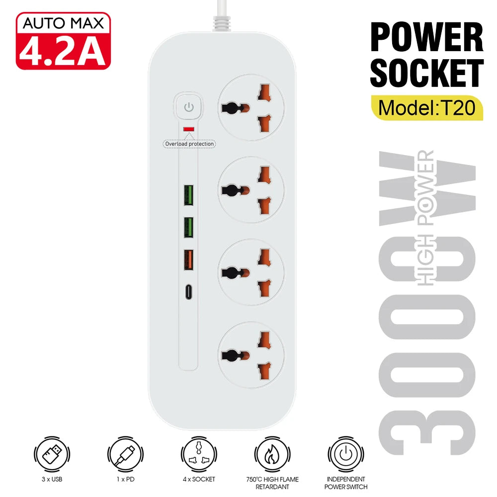 T20-2M / Power Socket- 4 AC  AUTO MAX 4.2A 3000W/ cable 2m SOCKETS / Black