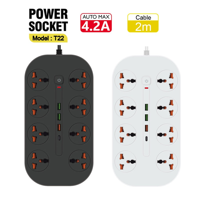 T22-2m / Power Socket- 8 AC  AUTO MAX 4.2A 3000W/ cable 2m SOCKETS / Black