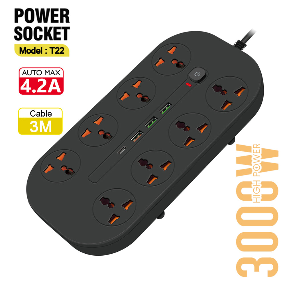 T22-3m / Power Socket- 8 AC  AUTO MAX 4.2A 3000W/ cable 3m SOCKETS / Black