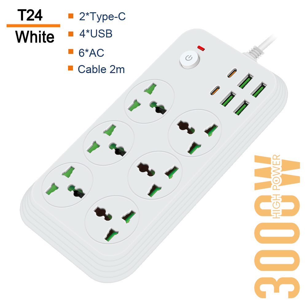 T24-2m / Power Socket- 6 AC-4USB-2TYPE C  3000W/ cable 2m SOCKETS / Black