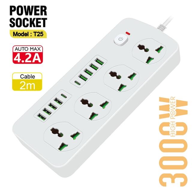 T25-2m / Power Socket- 4 AC-8USB-2TYPE C  3000W/ cable 2m SOCKETS / Black