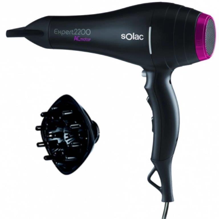 SP-7151 / Solac Hair dryer black 2200 watt 2 Speeds / 3 Heat levels/ (A/C) curler / 2200 watt / BLACK
